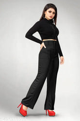 Solid cotton straight-leg trousers for women, trendy retro style with elastic waist and front seam detail, high rise and slim fit